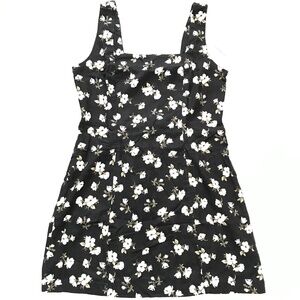 NWT Old Navy Square Neck Linen Blend Mini Dress Black White Floral M Petite